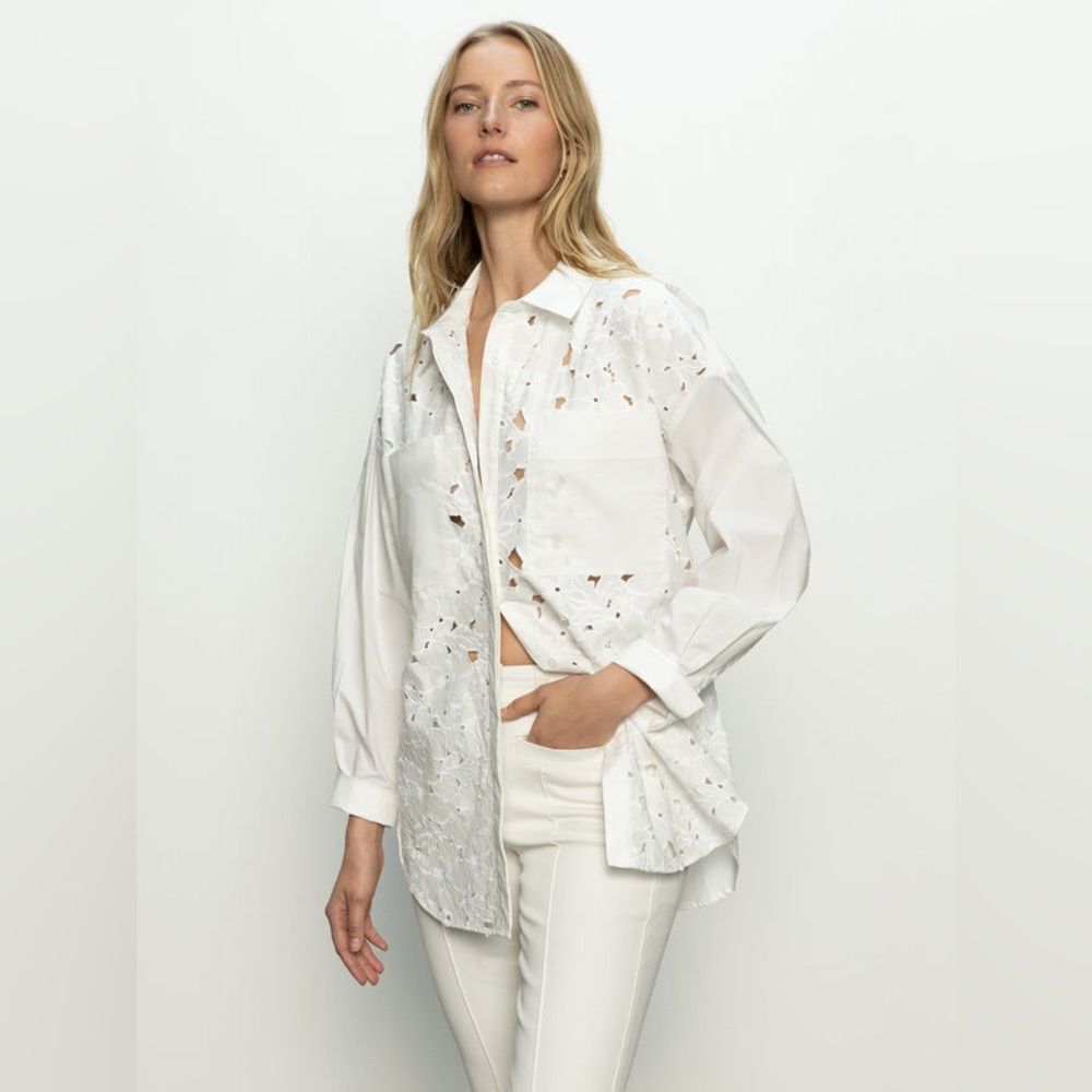 Sanctuary Lace Boyfriend Tie Back White Shirt | Size Small - Picture 5 of 13